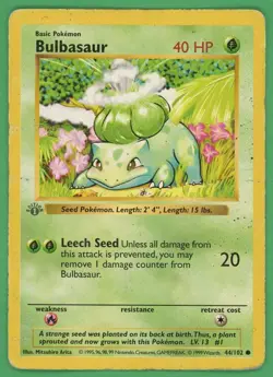 Bulbasaur Pokemon 1st Edition Shadowless Base Set Common 44/102 DMG - Image 1