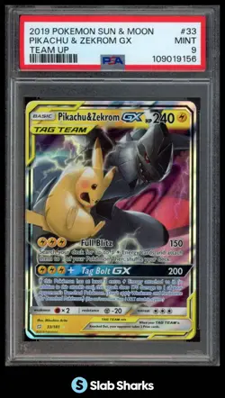2019 POKEMON SUN & MOON TEAM UP #33/181 PIKACHU ZEKROM HOLO PSA 9 - Image 1