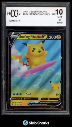 2021 POKEMON SWORD & SHIELD CELEBRATIONS #008/025 SURFING PIKACHU V BCCG 10 - Image 1