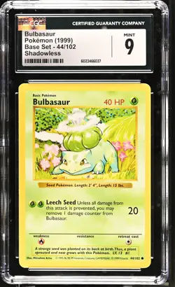 CGC 9 MINT Bulbasaur 1999 Base Set 44/102 Shadowless Pokemon Card psa - Image 1