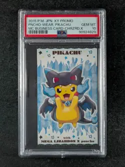 2015 Pokemon PONCHO-WEARING PIKACHU (CHARIZARD X) MC Business Card PSA 10 - Image 1