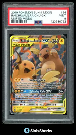 2019 POKEMON SUN & MOON UNIFIED MINDS #54/236 RAICHU ALOLAN TAG TEAM PSA 9 - Image 1