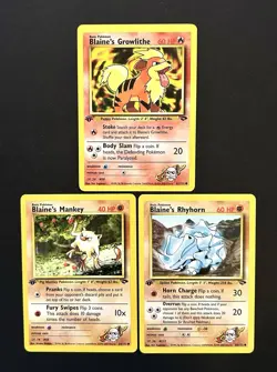 Pokemon Cards - Blaine’s Growlithe, Mankey, & Rhyhorn 1st Edition Gym Challenge - Image 1