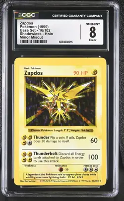 CGC 8 Zapdos 1999 Base Set 16/102 Shadowless Minor Miscut ERROR Pokemon Card - Image 1