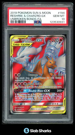 2019 POKEMON SUN & MOON UNBROKEN BONDS RESHIRAM CHARIZARD GX TAG TEAM PSA 10 - Image 1