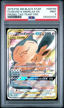 2019 POKEMON SM BLACK STAR PROMO TAG TEAM TINS FULL ART/EEVEE & SNORLAX GX PSA 9 - Image 1