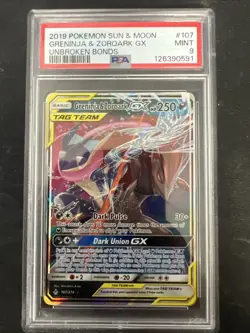 Greninja & Zoroark GX 107/214 Sm-Unbroken Bonds Holo PSA 9 Pokemon Card Mint - Image 1