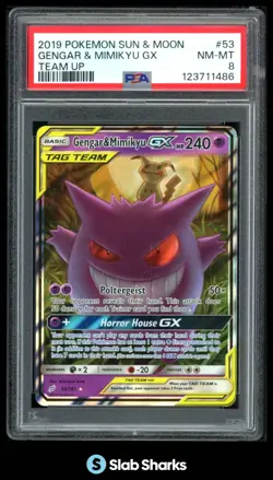 2019 POKEMON SUN & MOON TEAM UP #53/181 GENGAR & MIMIKYU GX TAG TEAM PSA 8 - Image 1