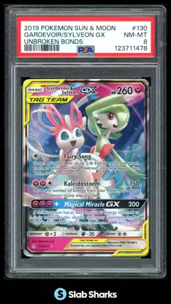2019 POKEMON UNBROKEN BONDS #130/214 GARDEVOIR & SYLVEON TAG TEAM GX PSA 8 - Image 1