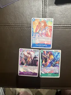 One Piece CCG 3 Cards From Tournament Packs Sanji Charlotte Pudding Hitokiri - Image 1