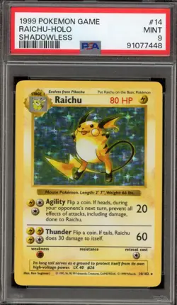 Pokemon Raichu Base Set Shadowless Holo Rare #14 PSA 9 Mint - Image 1