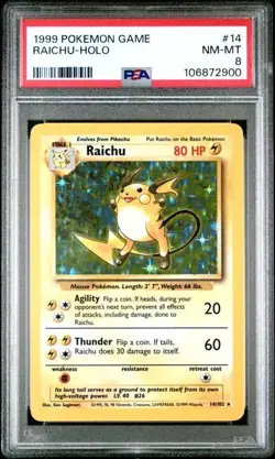 1999 Pokemon Game - Raichu-Holo - Holo - #14/102 - PSA 8 - FREE Shipping - Image 1