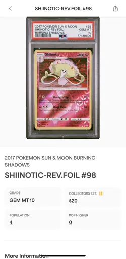 PSA 10 Pokemon Burning Shadows Shiinotic Rare Reverse Foil 98/147 Graded - Image 3