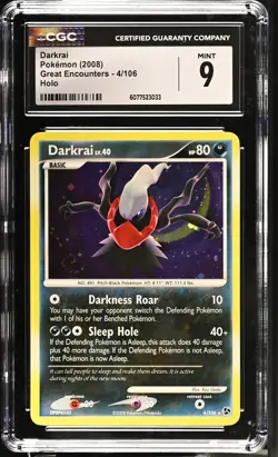 CGC 9 Darkrai 4/106 Holo SWIRL Great Encounters Pokemon Card - Image 1