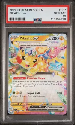 2024 POKEMON SSP EN SURGING SPARKS #057 PIKACHU EX DOUBLE RARE PSA 10 GEM MINT! - Image 1