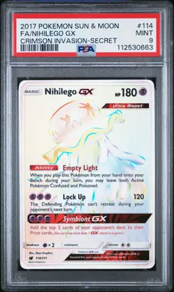 2017 POKEMON SUN & MOON CRIMSON INVASION 114 FULL ART NIHILEGO GX SECRET PSA 9 - Image 1