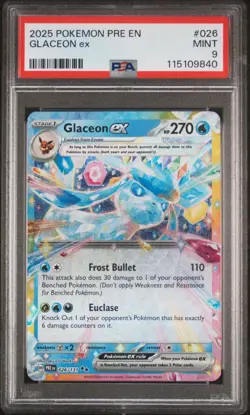2025 POKEMON PRE EN PRISMATIC EVOLUTIONS #026 GLACEON EX DOUBLE RARE PSA 9 MINT! - Image 1