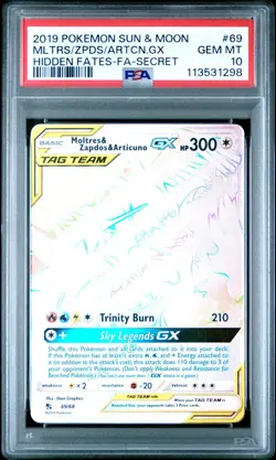 2019 POKEMON HIDDEN FATES #69 FULL ART MOLTRES & ZAPDOS & ARTICUNO GX PSA 10 GEM - Image 1