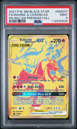 2021 POKEMON SM BLACK STAR PROMO SM247 FULL ART RESHIRAM & CHARIZARD GX PSA 9 - Image 1