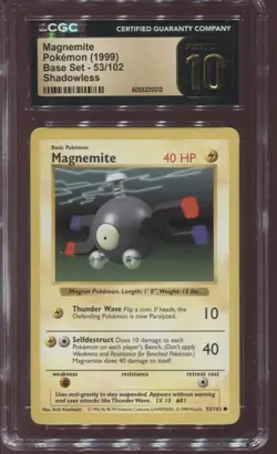 CGC 10 MAGNEMITE 53/102 SHADOWLESS BASE SET 1999 POKEMON CARD PRISTINE WOTC - Image 1