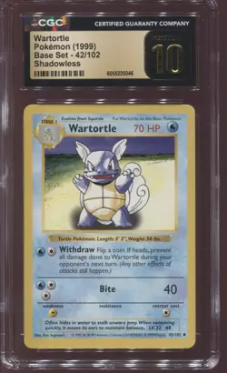 CGC 10 PRISTINE WARTORTLE 42/102 SHADOWLESS BASE SET 1999 POKEMON CARD - Image 1