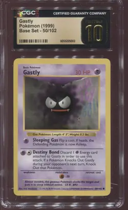 CGC 10 PRISTINE GASTLY 50/102 SHADOWLESS BASE SET 1999 POKEMON CARD - Image 1
