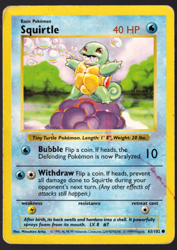 Squirtle 63/102 Shadowless Base Set 1999 Pokemon TCG Card HP DMG - Image 1