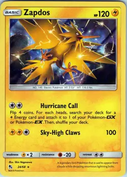 Zapdos 24/68 - Pokemon TCG Sun & Moon Hidden Fates - Holo Rare (NM) - Image 1