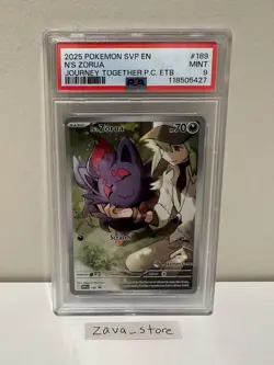 2025 POKEMON JOURNEY TOGETHER POKEMON CENTER ETB SVP PROMO #189 N'S ZORUA PSA 9 - Image 1