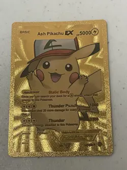 Ash Pikachu EX Gold Foil Fan Art Vinyl Textured Collector Pokemon Card - Image 1