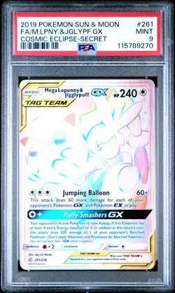 PSA 9 Mega Lopunny & Jigglypuff GX 261 Secret Rare 2019 Pokemon Cosmic Eclipse - Image 1