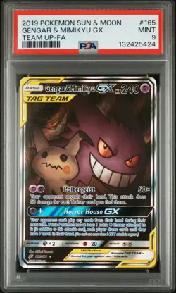 2019 POKEMON SUN & MOON TEAM UP #165 FULL ART/GENGAR & MIMIKYU GX PSA 9 - Image 1