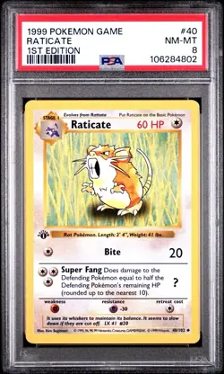 1999 POKEMON BASE SET 1ST EDITION #40 RATICATE PSA 8 - Image 1
