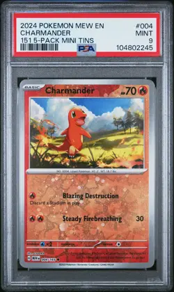 PSA 9 Charmander 004 151 5-Pack Mini Tins Pokemon 2024 Pokemon Mew En-151 - Image 1