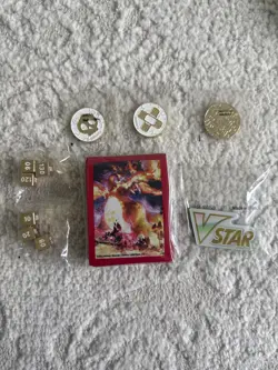 Pokemon Charizard UPC accessories Gold Coin, Sleeves, Damage Counter, Dice, LOT - Image 1