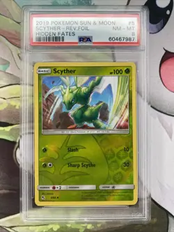 PSA 8 Scyther 5/68 Reverse Holo Foil 2019 Pokemon S&M Hidden Fates VERY LOW POP - Image 1