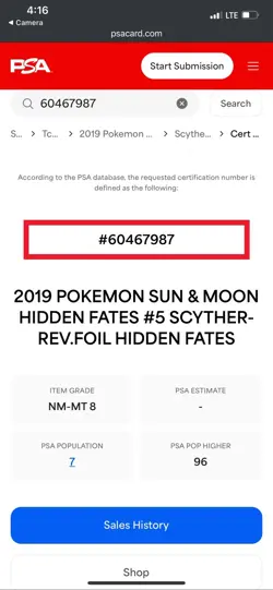 PSA 8 Scyther 5/68 Reverse Holo Foil 2019 Pokemon S&M Hidden Fates VERY LOW POP - Image 3