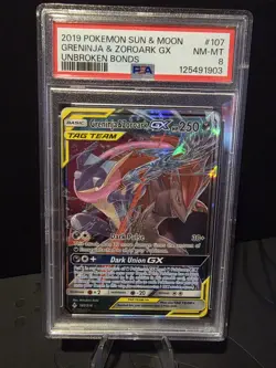 2019 Pokemon Sun & Moon Unbroken Bonds Greninja & Zoroark GX PSA 8 #107/214 - Image 1