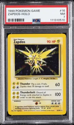 1999 POKEMON BASE SET UNLIMITED #16 ZAPDOS-HOLO PSA 7 - Image 1