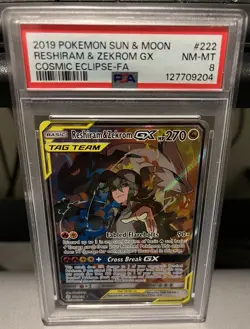 2019 POKEMON SUN & MOON COSMIC ECLIPSE #222 FULL ART/RESHIRAM & ZEKROM GX PSA 8 - Image 1