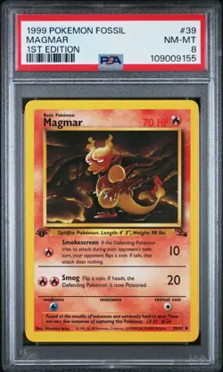 Pokemon Card Magmar 39/62 1st Edition Fossil Set 1999 PSA 8 NM-MT - Image 1