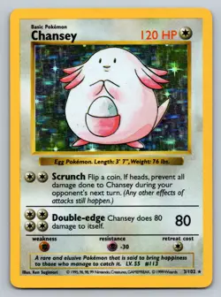 1999 Pokemon WOTC Chansey 3/102 Base Set (Shadowless) Holo MP - Image 1