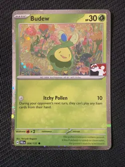 Budew, Play! Pokemon Series 7, (PRE 004/131), Stamped, Cosmos Holo, “Fart” Swirl - Image 2