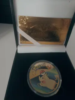 💥Pokemon Pikachu Blue/Grn Gold Metal Collectable Coin With Box & Certificate 💥 - Image 3
