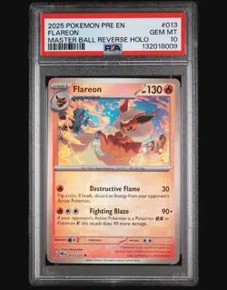 2025 POKEMON PRE EN-PRISMATIC EVOLUTIONS FLAREON MASTER BALL REVERSE HOLO PSA 10 - Image 1