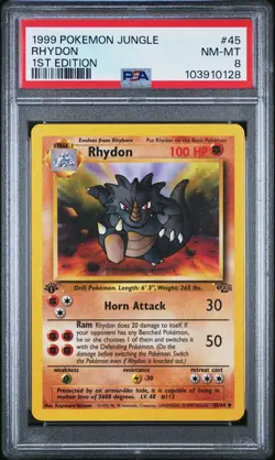 RHYDON #45 1999 POKEMON WOTC JUNGLE 1ST EDITION PSA 8 - Image 1