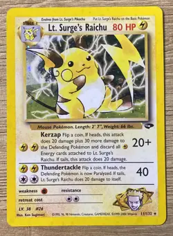 Holo Bleed Lt. Surge's Raichu 28/132 Gym Heroes Error Pokemon TCG WoTC NM Card - Image 1