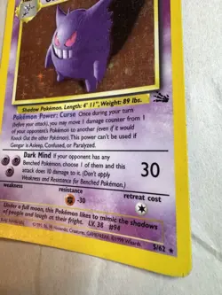 Gengar #5/62 Holo Rare Fossil Pokemon Card 1999 VintageEnglish Unlimited 05/62 - Image 4