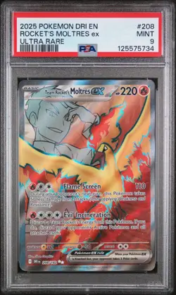 2025 POKEMON SV DESTINED RIVALS - DRI EN #208/182 TEAM ROCKET'S MOLTRES EX PSA 9 - Image 1