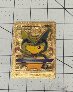 Pokemon Card Tag Cosplay Pikachu Mega Rayquaza 780HP Gold Foil Fan Art - Image 1
